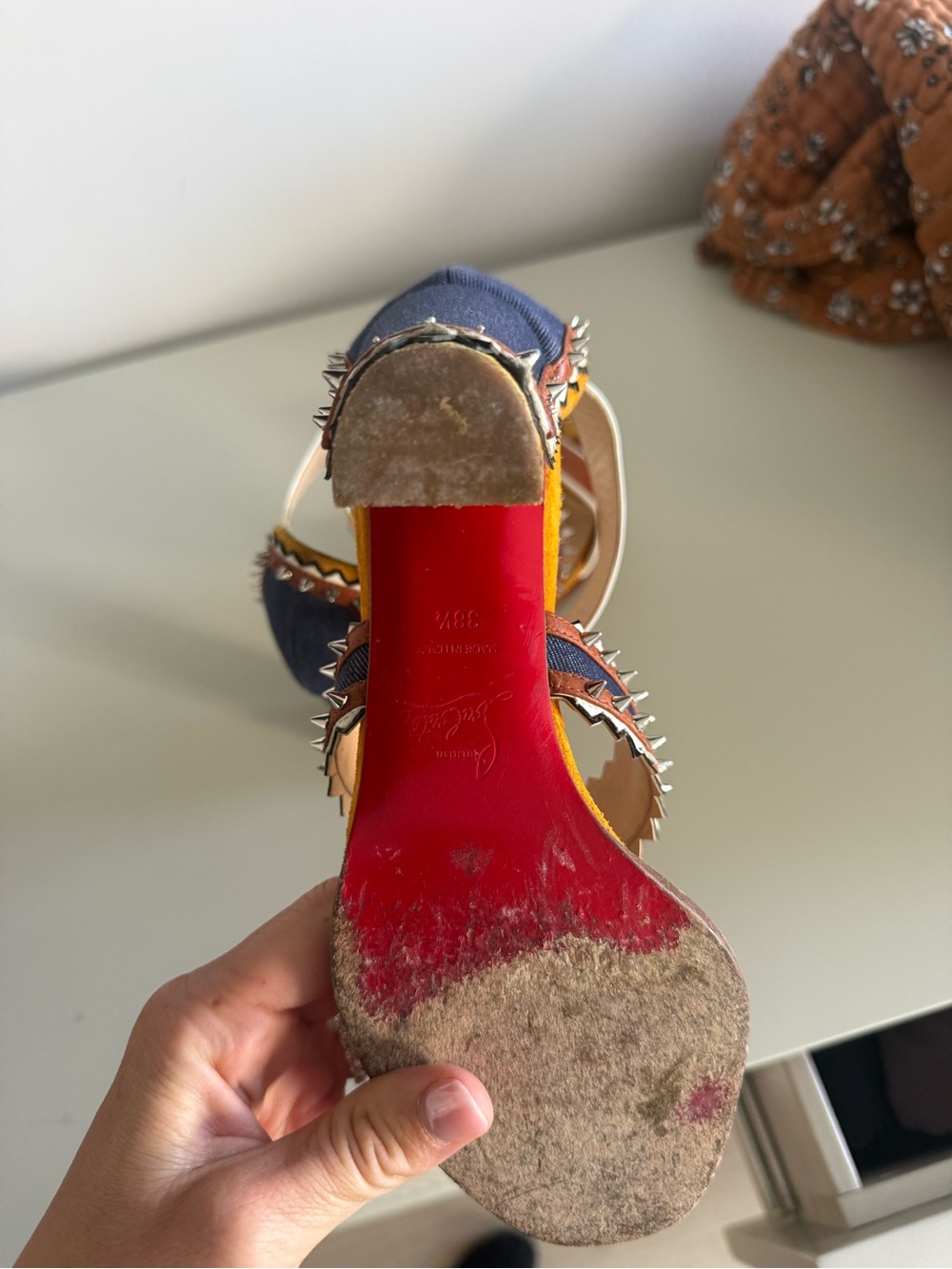 Christian Louboutin Multicolor Denim, White & Brown Block Heel Sandals - Picture 4 of 4